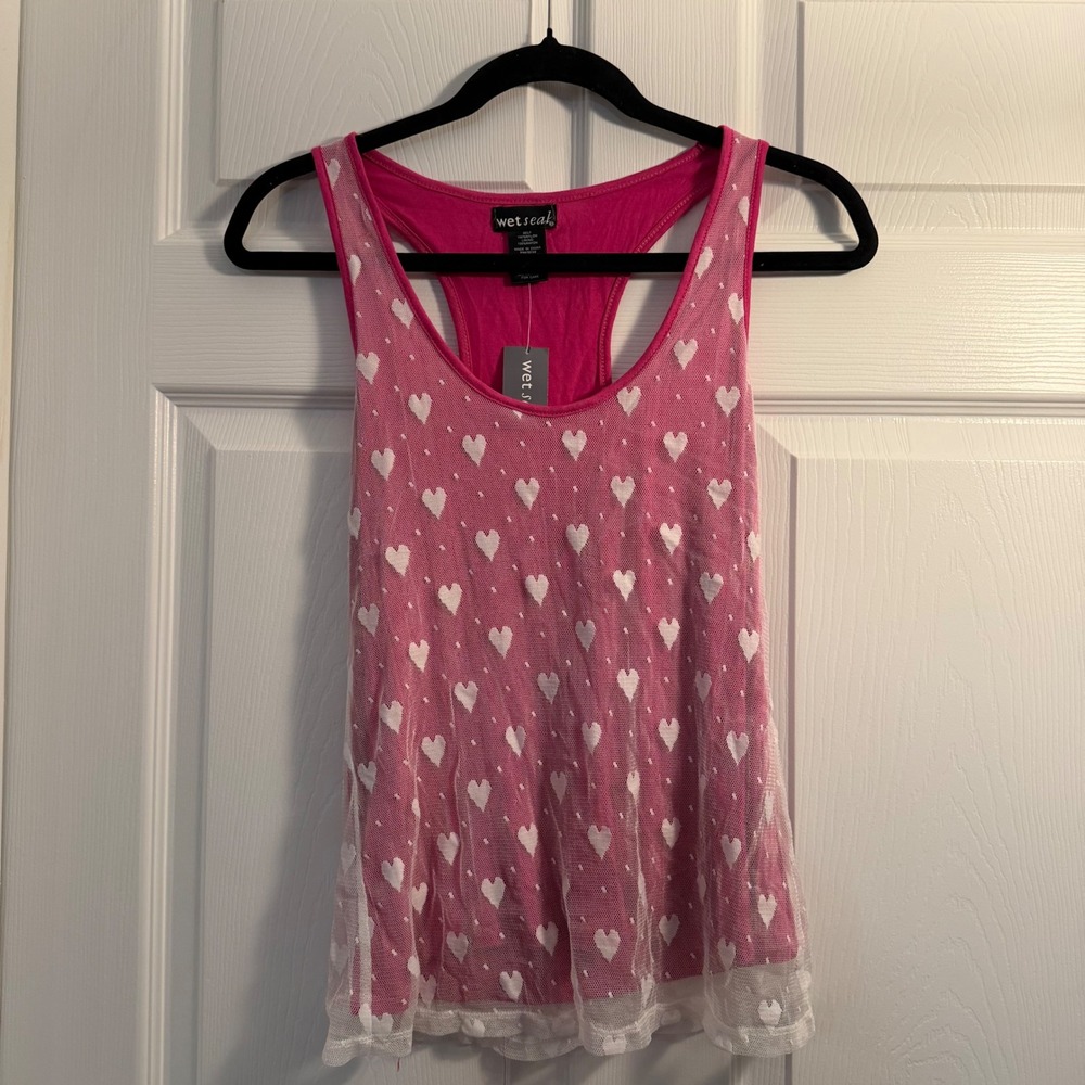 Wet Seal Tank Top Pink White Small Heart Lace Racerback Y2K Coquette Casual